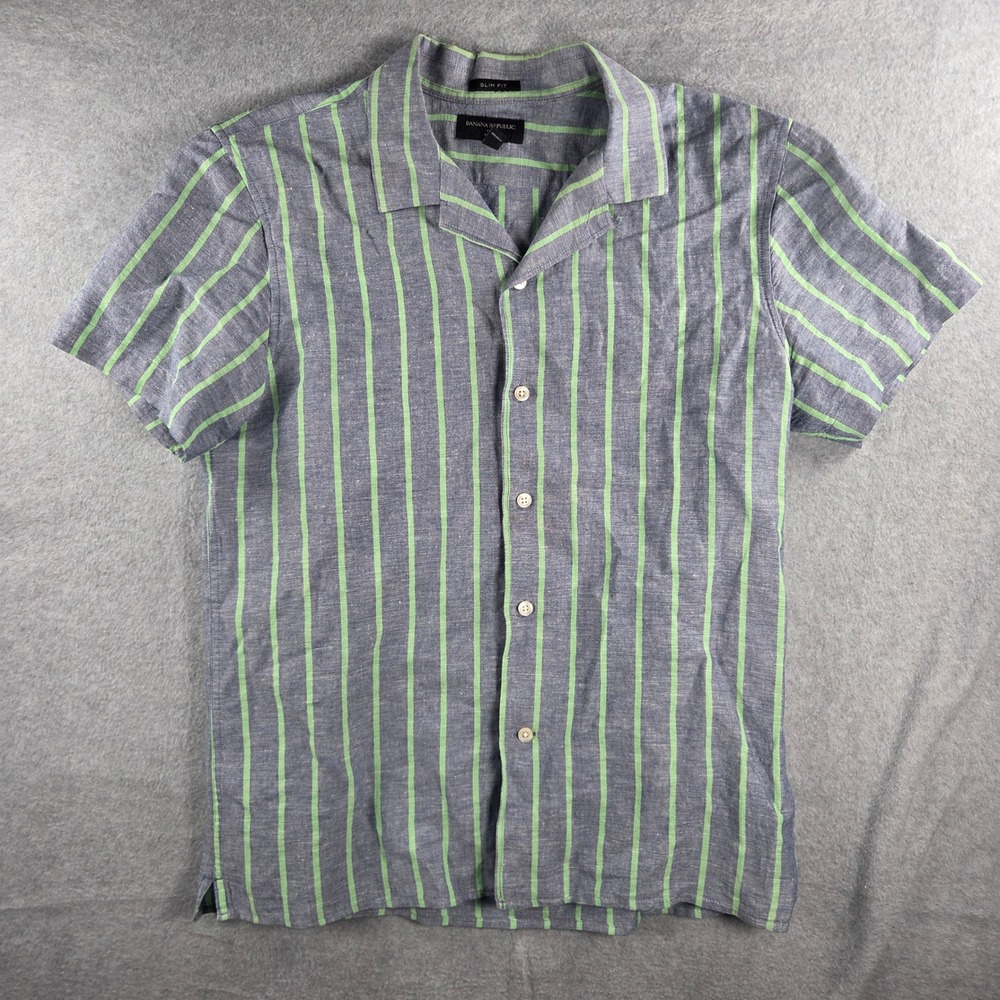 Banana Republic Shirt Mens Medium Blue Green Striped Linen Blend Slim Fit Camp